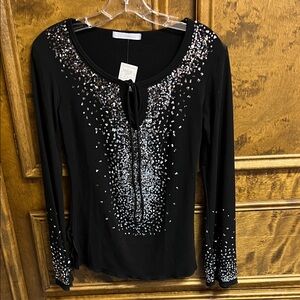 Charlotte Russe Black Long-Sleeve Top with Silver Sequin Accents